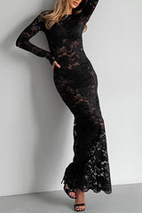 Sexy Openwork Lace Long-sleeved Slim-fit Fishtail Maxi Dress