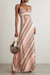 Colorful Zigzag Pattern Elegant Sling Backless Maxi Dress