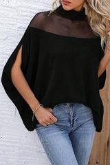 Fashionable Mesh-paneled Batwing Sleeve High-neck Loose Top