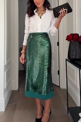 Shimmer Scene Sequin Patchwork Hem High Rise Slit Pencil Midi Skirt