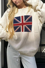 Flag Pattern Knitted Casual Crewneck Long Sleeve Sweater