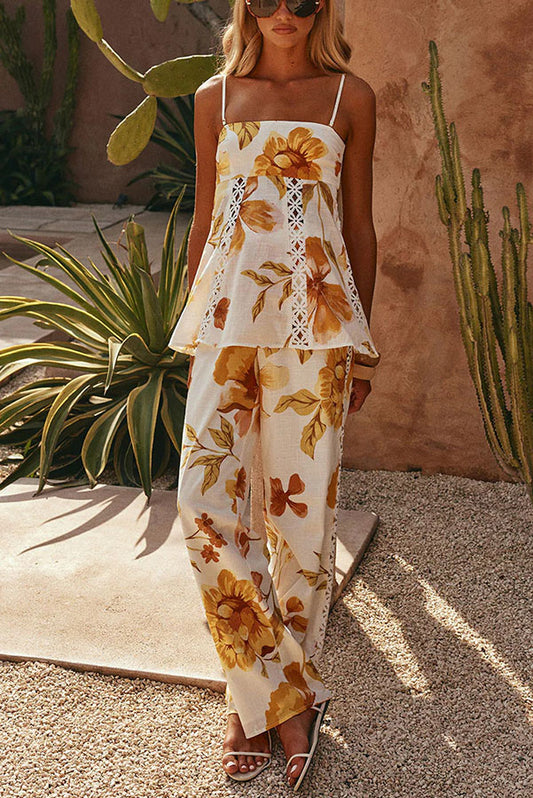 Lorde Linen Blend Floral Print Cutout Trim A-line Tank and High Rise Pocket Wide Leg Pants Set