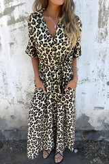 Fashionable Leopard Print Short Sleeve Tie Waist Elegant Maxi Dress