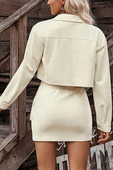 Stylish Suede Collared Long-sleeved Cropped Jacket and Elastic Wst Casual Tassel Mini Skirt Set