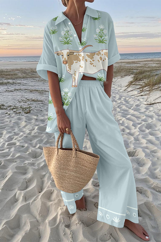 Cow Print Oversized Shirt and Elastic Waist Pocket Pants Set