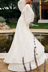 Wedding Guests Pleated Textured Chiffon Fabric Balloon Sleeve Open Back Maxi Dress