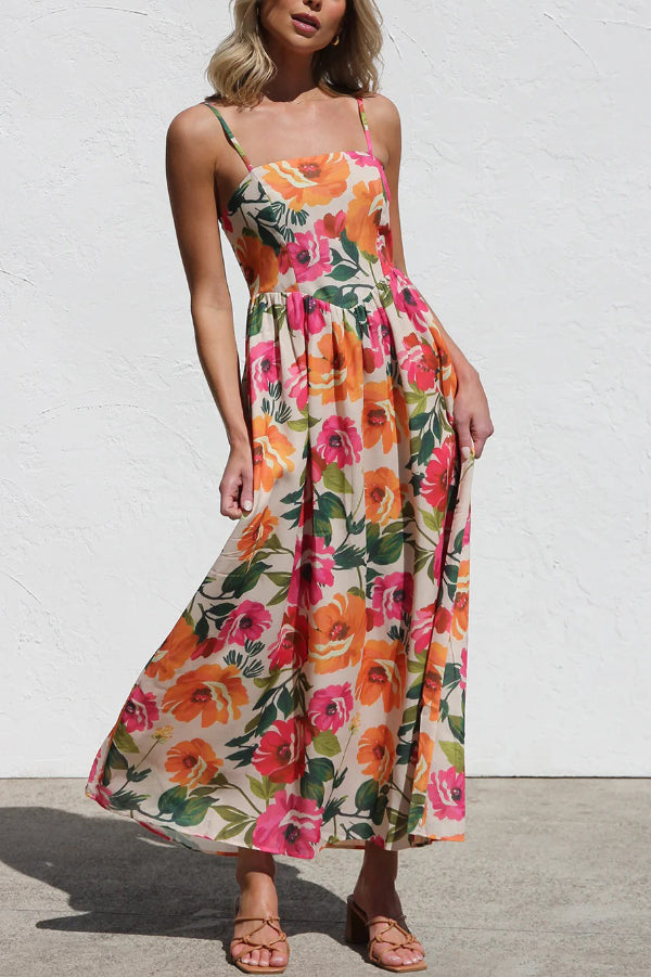 Floral Print Sleeveless Square Neck Casual Holiday Midi Dress