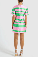Fun and Colourful Satin Color Block Short Sleeve Loose Mini Dress