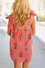 Floral Stripe Print Suspender Lace-Up Loose Mini Dress