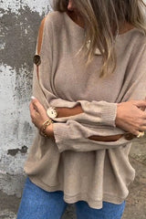 Solid Color Round Neck Hollow Long Sleeve Loose Knitted Sweater