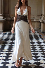 Seductive Details Satin Lace Waist Halter Tie-up Backless Maxi Dress