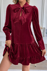 Vintage Velvet Bow Tie Neck Long Sleeve Loose Mini Dress