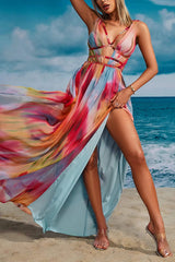 Eileen Tie-dye Print Exquisite Jewelry Ribbon Decoration Strapless Slit Maxi Dress
