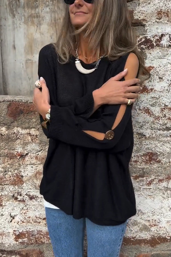 Solid Color Round Neck Hollow Long Sleeve Loose Knitted Sweater