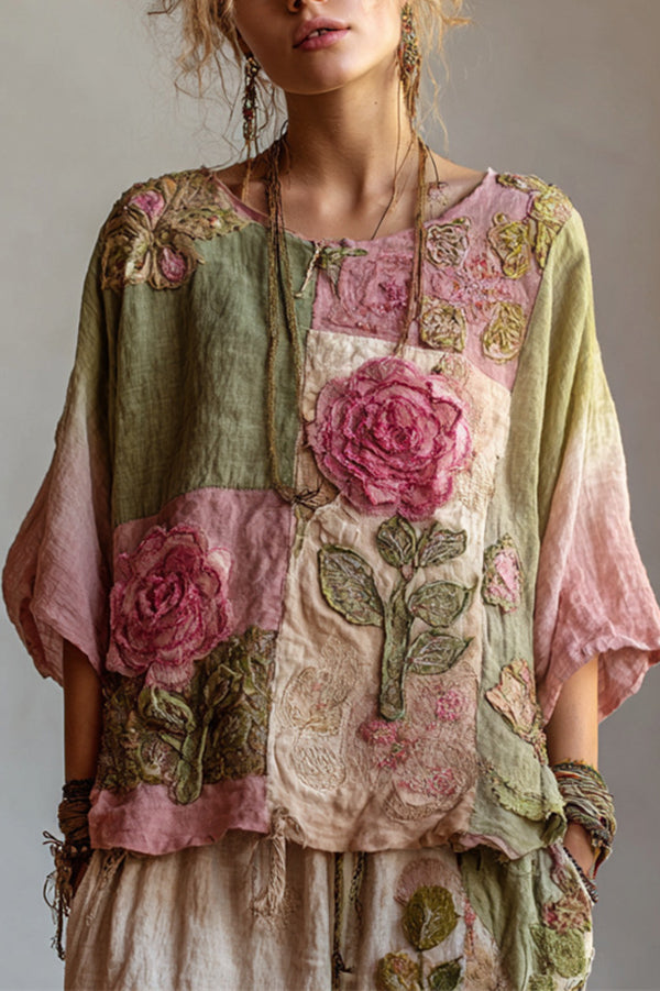 Bohemian Floral Print Round Neck Long-sleeved Loose Top