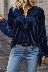 Solid Color Velvet V-neck Long-sleeved Loose Button Top