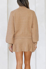 Solid Color Round Neck Puff Sleeve Loose Knit Sweater and Casual Striped Mini Skirt Set