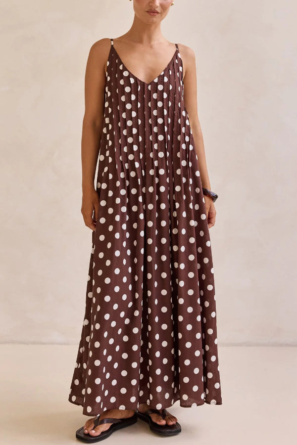 Polka Dot Print V-neck Pleated Casual Vacation Maxi Dress