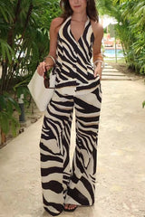 Zebra Print Halter Neck Backless Button-Down Top