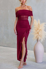 Sexy Mesh Off-shoulder Slim Fit Ruffled Slit Maxi Dress