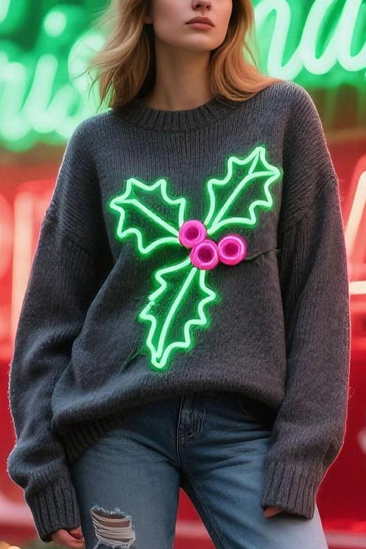 Christmas Holly Jacquard Loose Long-Sleeve Knit Sweater