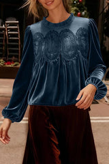 Fashionable Velvet and Lace Patchwork Loose Long-sleeved Top