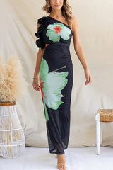 Floral Print One-shoulder Fitted Mesh Maxi Dress