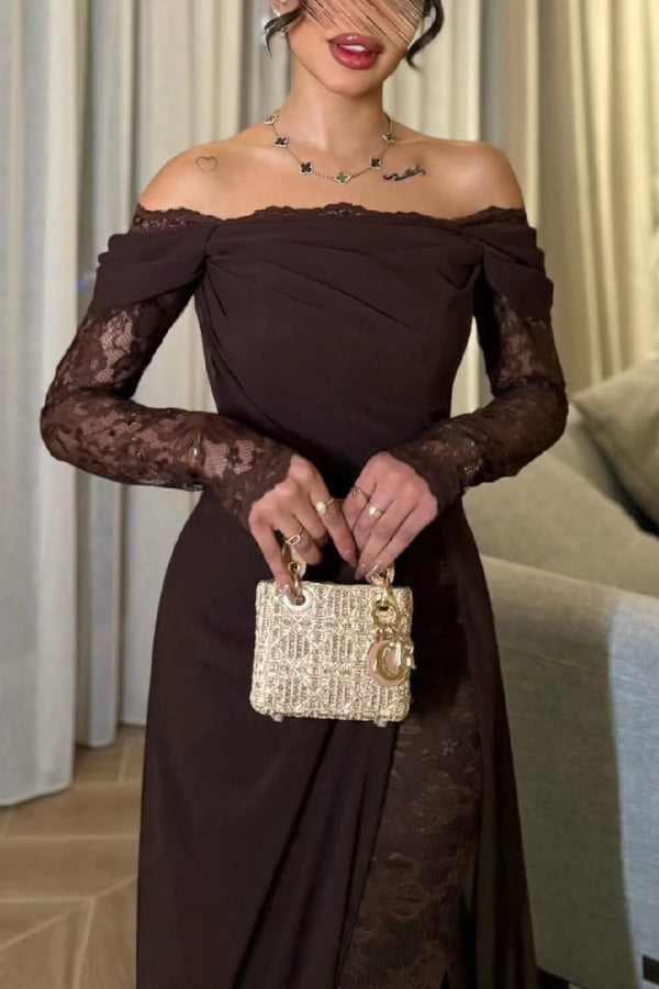 Elegant Patchwork Lace Off-shoulder Long-sleeved Slim-fit Maxi Dress