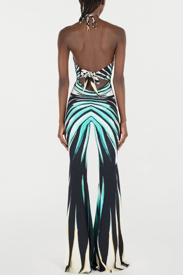 Unique Striped Print Halter Neck Cutout Tie-up Casual Flared Jumpsuit