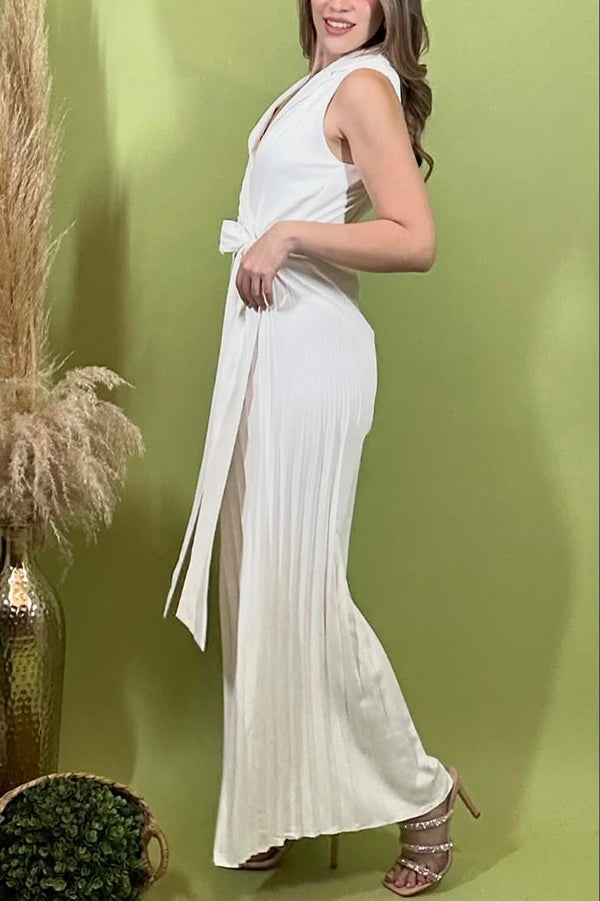 Solid Color Lapel Sleeveless Waist Tie Pleated Wide-leg Jumpsuit