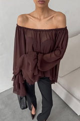 Solid Color Chiffon Off-shoulder Long-sleeved Loose Cover-up Top