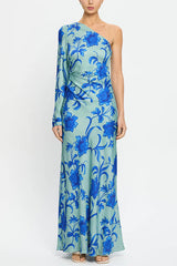 Satin Botanical Print One-Sleeve Resort Maxi Dress