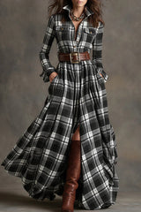Retro Plaid Print Lapel Long-sleeved Pocket Maxi Dress