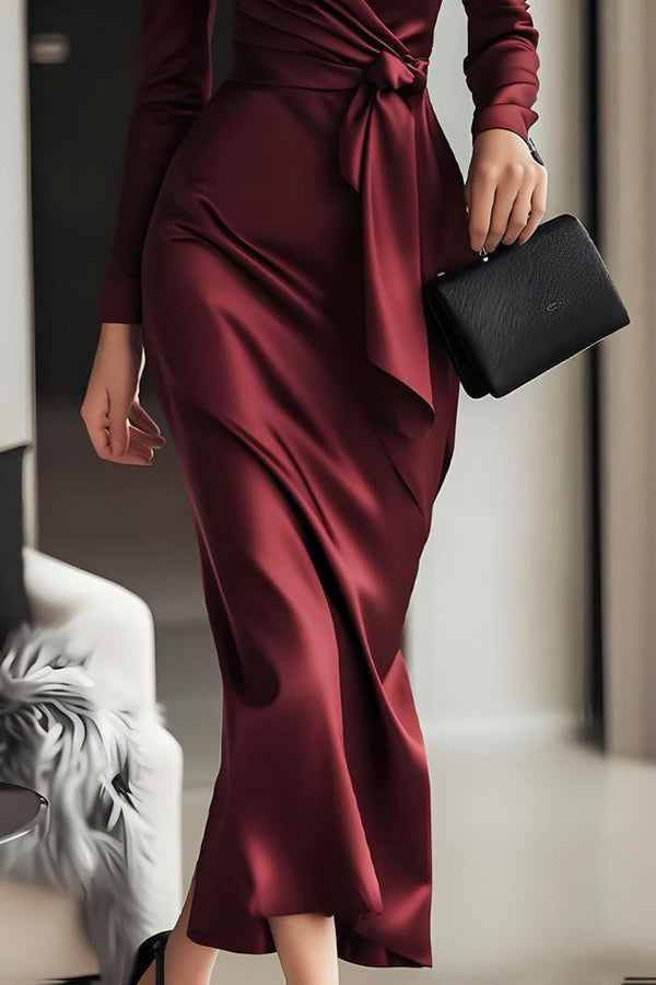 Solid Color Satin V-neck High Waist Tie Slim Midi Dress