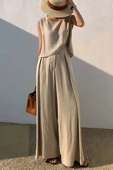 Linen Blend Casual Round Neck Sleeveless Top and Loose Wide-leg Pants Set