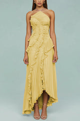 Dream Ode Lily Pad Style Pleats and Ruffles Halter Gown Maxi Dress