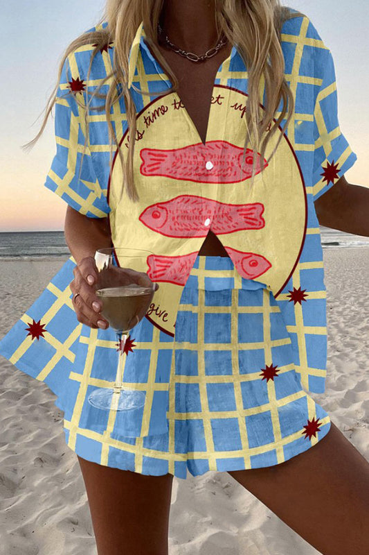 Checkered Fish Print Loose Button Elastic Waist Shorts Set