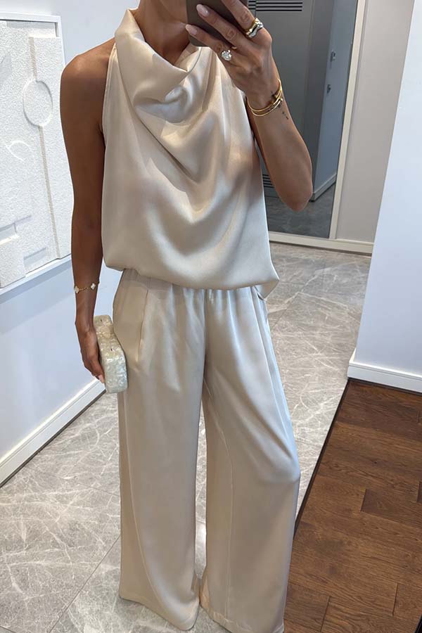 Classic on You Satin High Cowl Neck Top and Elastic Waist Pocket Loose Pants Set