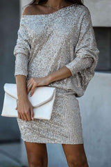 Sparkle This Holiday Slash Neck Batwing Sleeve Sequin Dress