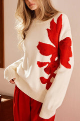 Fashionable Color-blocked Floral Loose Long-sleeved Knit Sweater