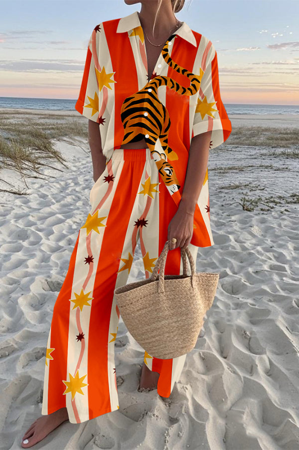 Tiger Print Oversized Shirt and Elastic Waist Pocket Pants Set