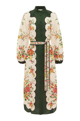Yamada Floral Point Collar Balloon Sleeve Pocketed Belted Midi Dress