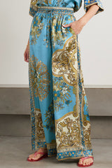 Satin Floral Print Loose Shirt and Elastic Waist Pocket Casual Wide-leg Pants