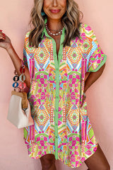 Unique Print Lapel Short Sleeve Single Breasted Loose Mini Dress
