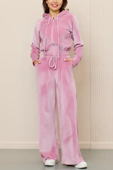 Solid Color Velvet Hooded Zip-up Sweatshirt and Elastic Waist Casual Pocket Straight-leg Pants Set