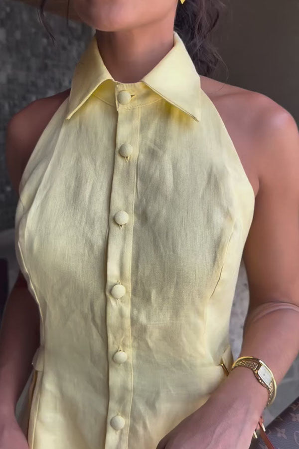 Gracelin Linen Blend Button Sleeveless Side Belt Halter Blouse and Elastic Waist Loose Pants Set