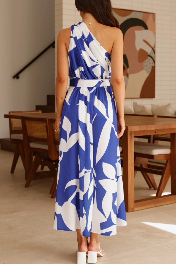 Unique Printed One-Shoulder Belt Casual Holiday Maxi Dress