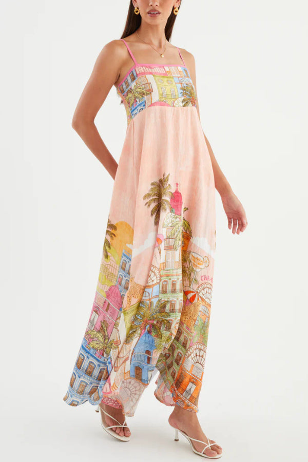 Unique Printed Loose Sleeveless Camisole Casual Vacation Maxi Dress