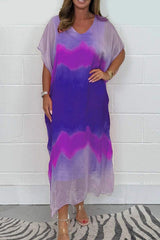 Fashion Tie-dye Casual V-neck Short-sleeved Loose Maxi Dress