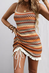 Colorful Stripe Embroidery Sexy Backless Lace-Up Holiday Mini Dress
